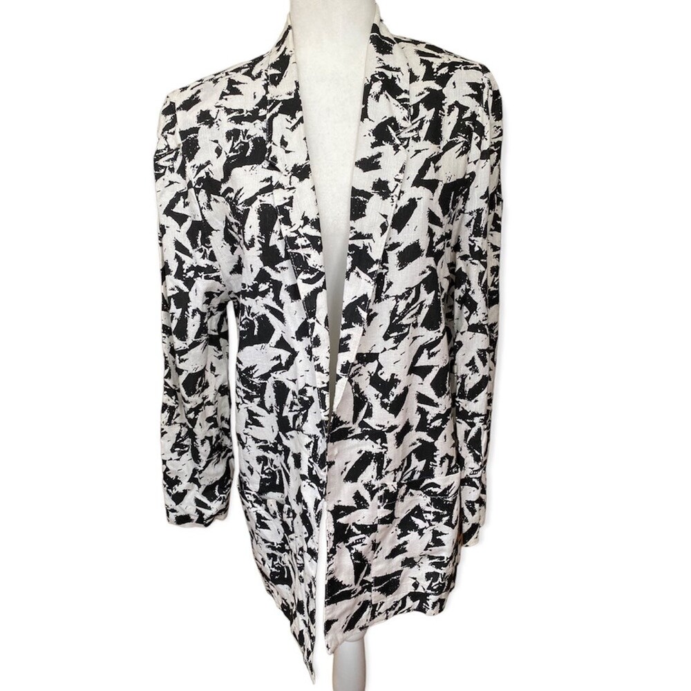 Vtg Rumours Black/White long line open rayon/ linen blend blazer Size Medium M